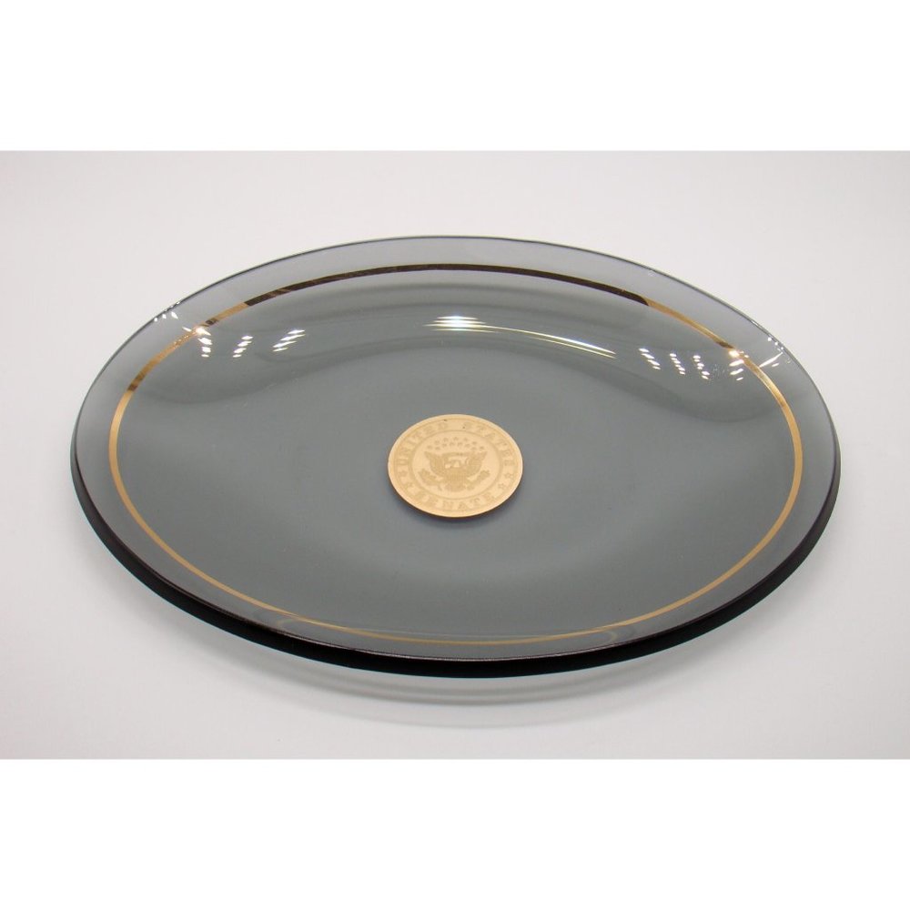 Vintage US Senate Smoked Grey Oval Glass Plate Trinket Dish 8.25" Patriotic